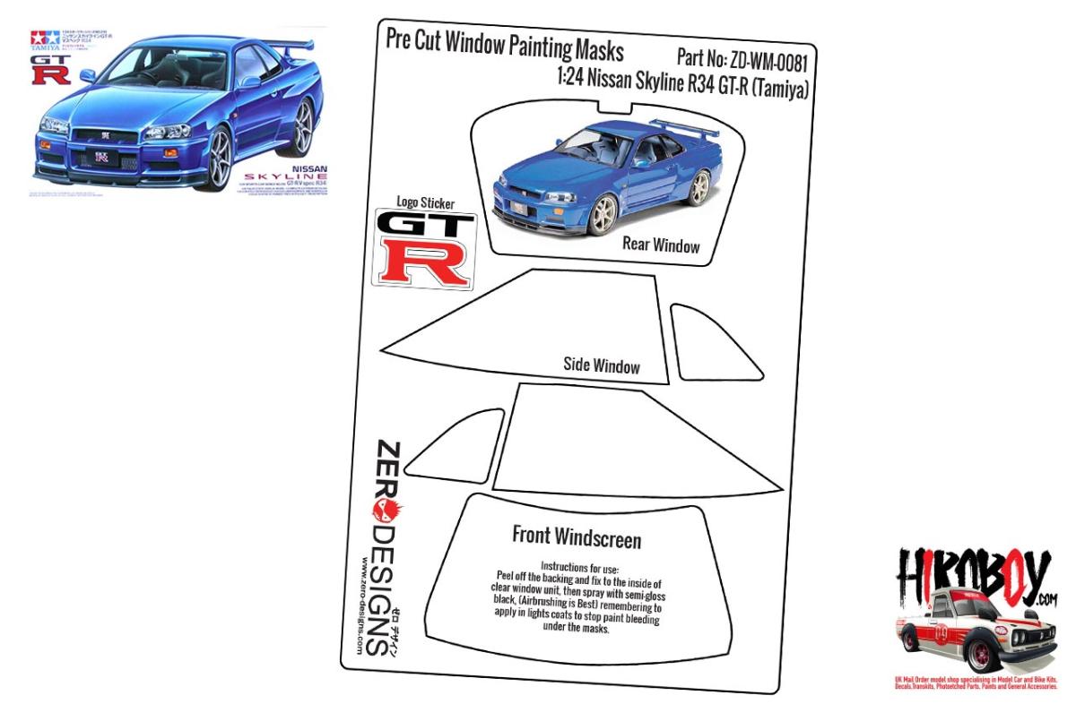 1:24 Nissan Skyline R34 GT-R Pre Cut Window Painting Masks