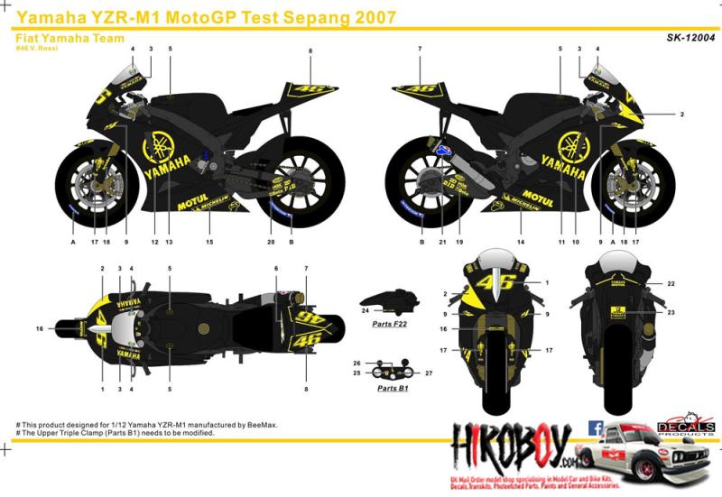 1:12 Yamaha YZR-M1 MotoGP Test Sepang 2007 Fiat Yamaha Team #46 Decals