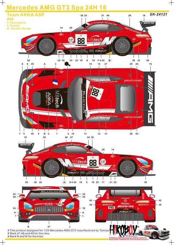 1:24 Mercedes-AMG GT Spa 24H 16 Team AKKA ASP Decals (Tamiya