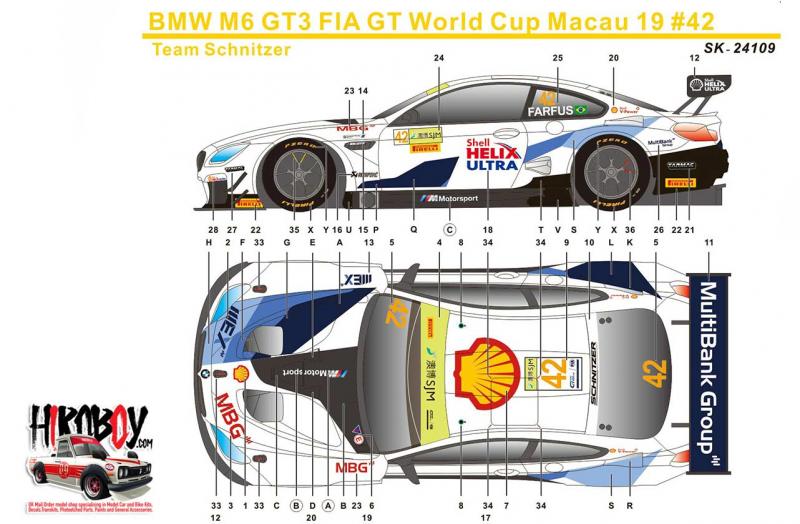 1:24 BMW M6 GT3 FIA GT World Cup Macau 19 Team Schnitzer Decals (Platz)