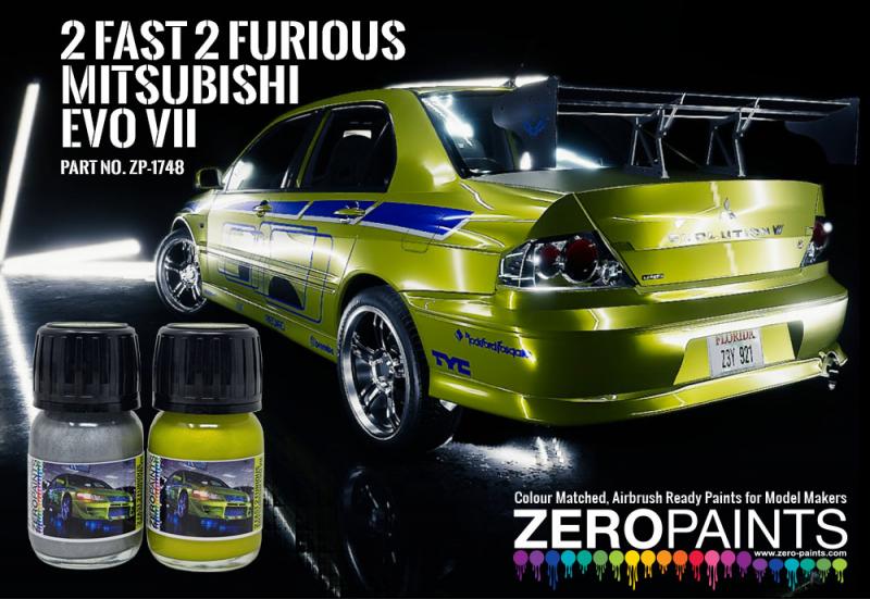 2 Fast 2 Furious Mitsubishi Evo VII Green/Yellow & Silver Paint Set 2x30ml