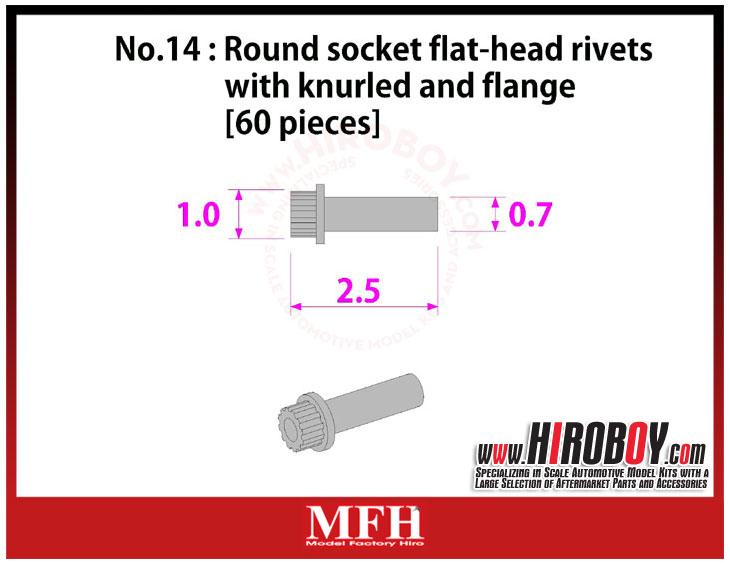 Metal Rivets Series No.14 : Round socket flat-head rivets with knurled and flange [60 pieces] P1030